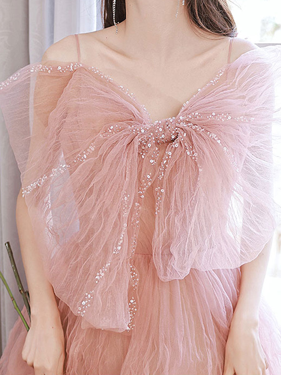 Pink A line tulle long prom dress pink formal evening dress – dresstby